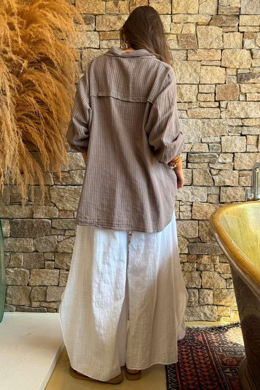 Sundaze Cheesecloth Chalk Stripe Boyfriend Shirt Mocha & Earth
